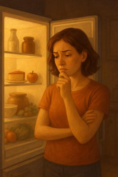 Женщина в раздумьях у холодильника